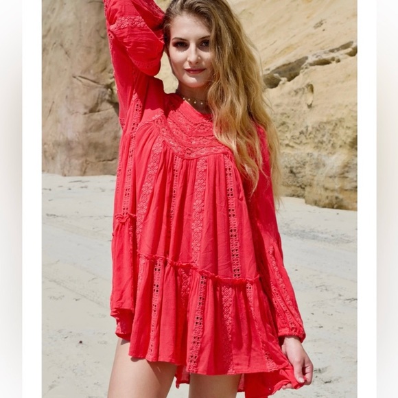 Free People Sweetest Dream Tunic Top L Coral Pink Boho Open Back NWT - Picture 10 of 12